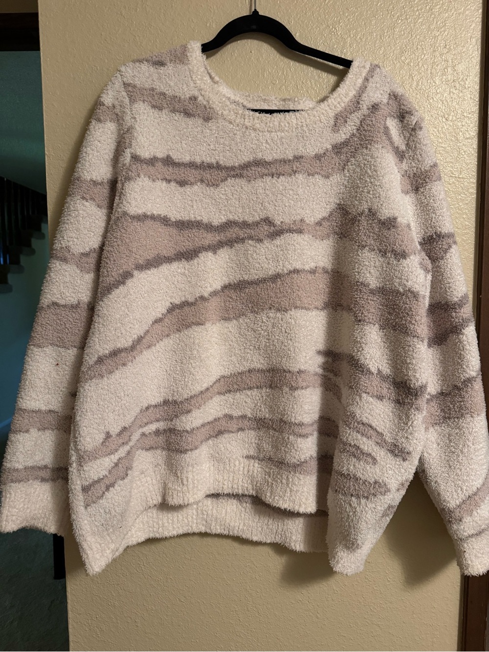 Barefoot Dreams Crewneck Sweater in Cream and Light Brown Zebra Stripe